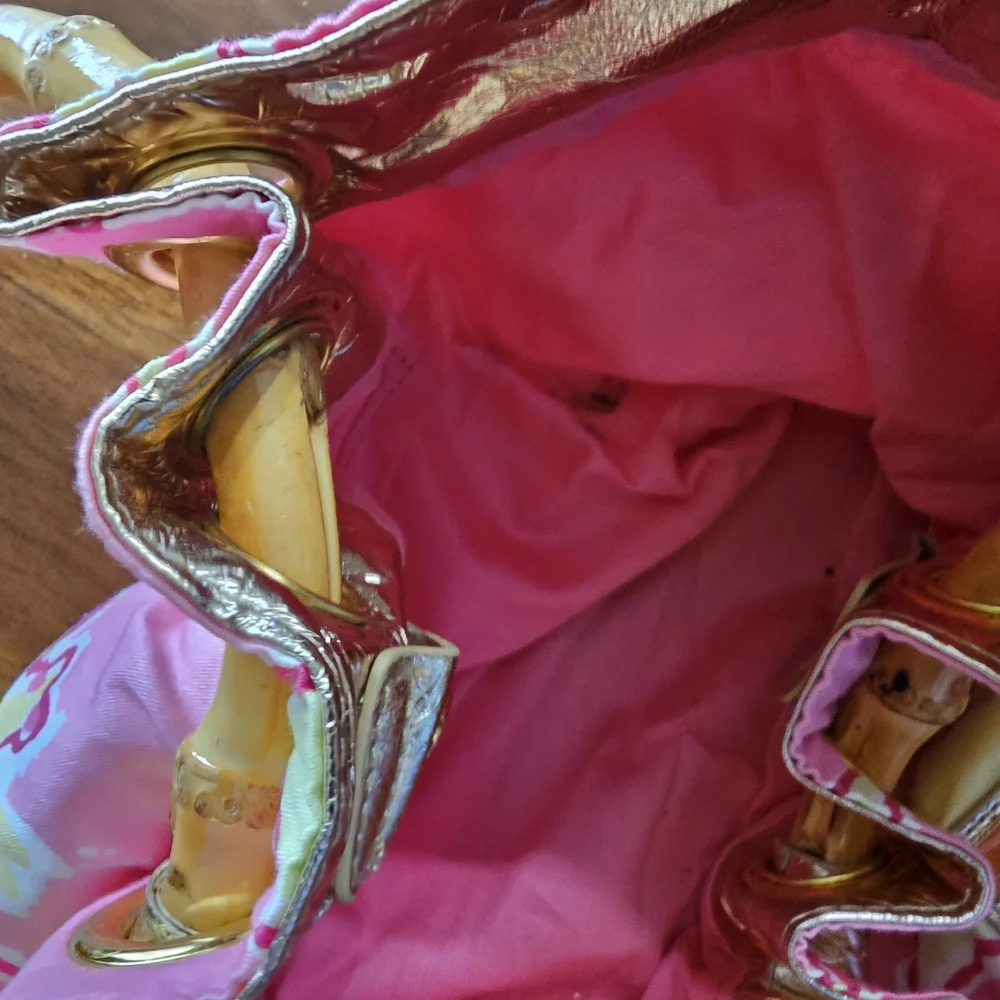 Lilly Pulitzer Pink and Yellow Tote with Bamboo Handles - Picture 7 of 9